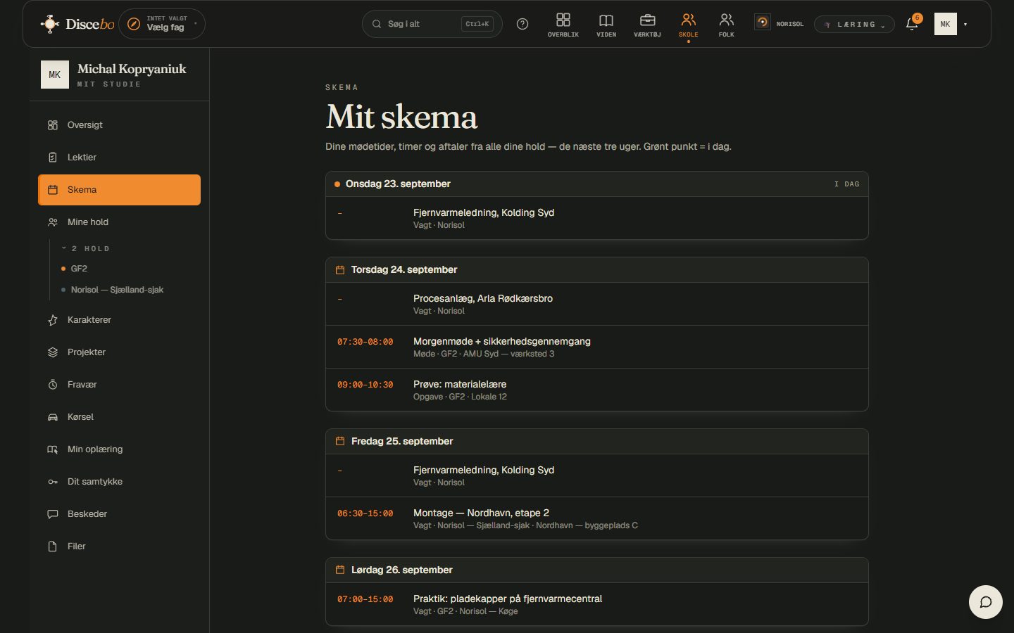 Mit skema — dagene med tid og sted